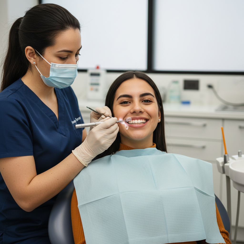 Paciente sorrindo após aplicação para tirar dúvida se o procedimento de facetas de resina dói.