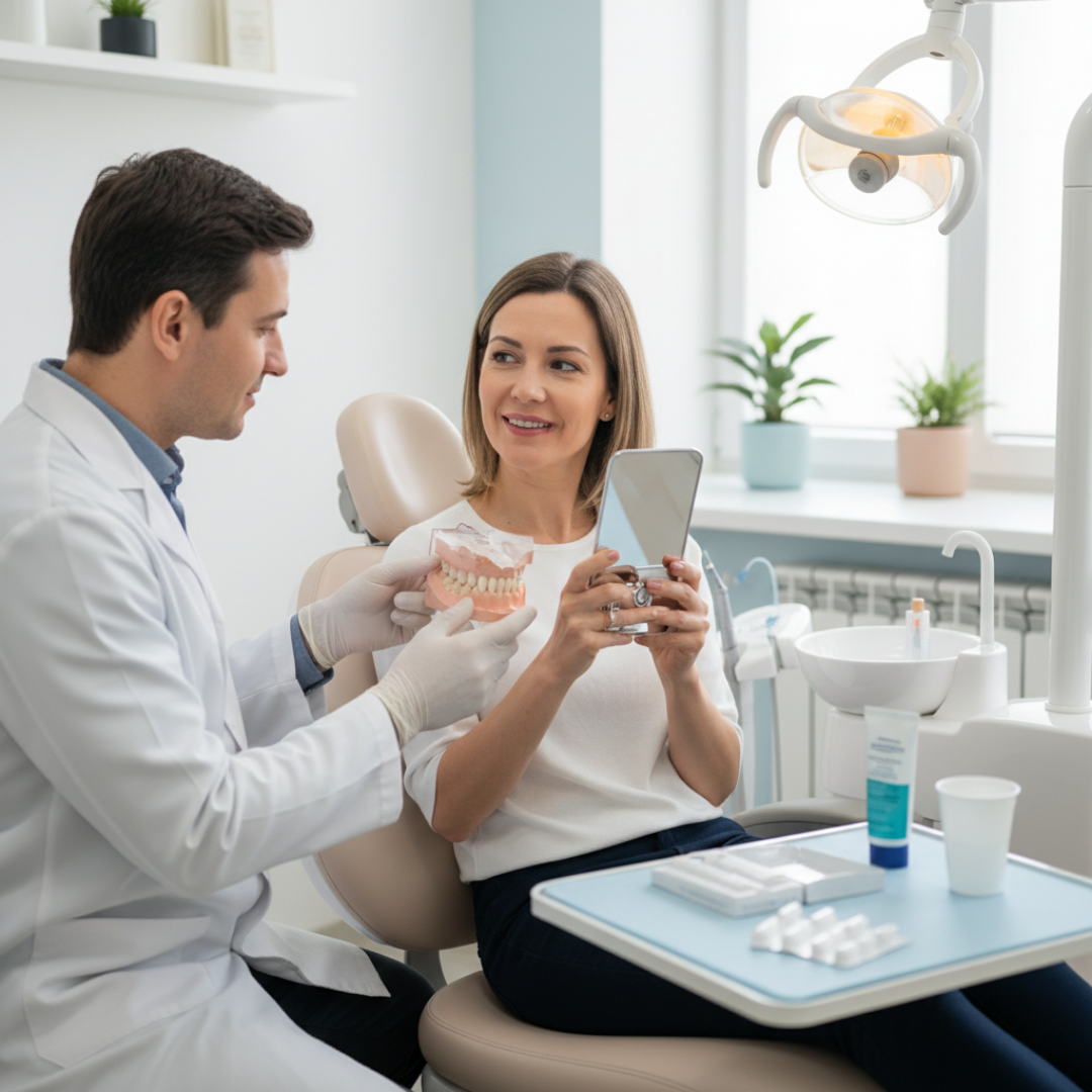 Paciente sorrindo após procedimento odontológico em Cascavel PR esclarecendo a dúvida se implante dentário dói no pós-operatório.