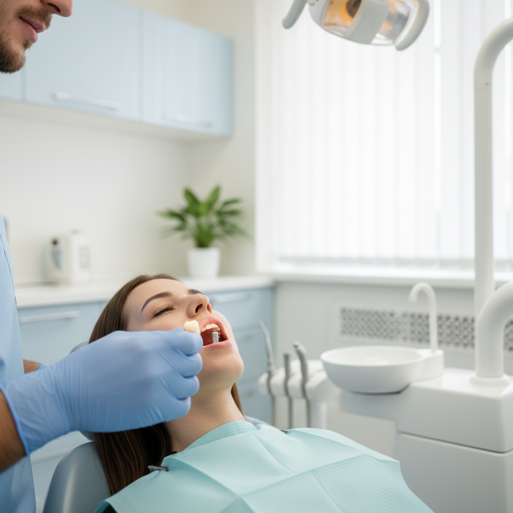 Paciente sorrindo após procedimento de implante dentário imediato para restaurar a estética do sorriso.