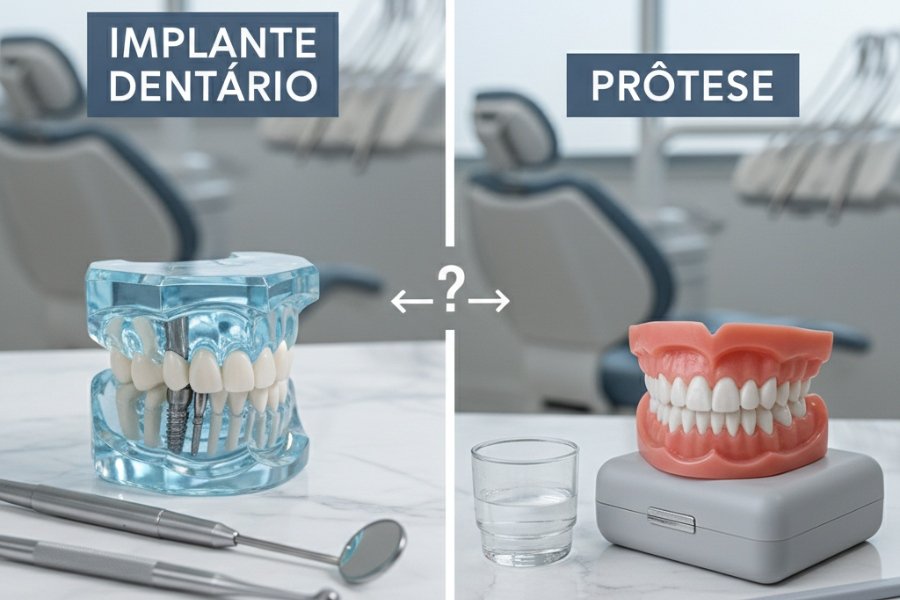 Comparação visual entre implante ou prótese dentária para auxiliar na escolha do melhor tratamento odontológico.