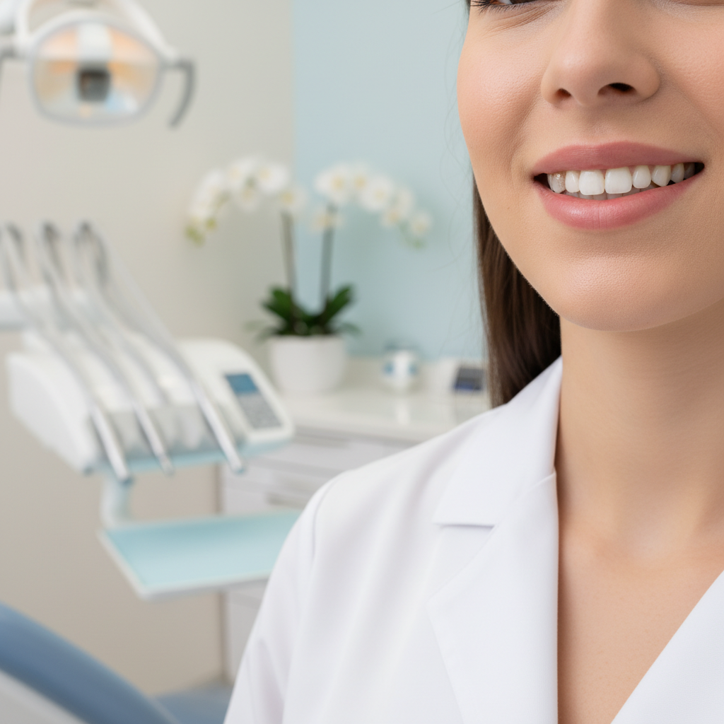Paciente sorridente comparando tons para clareamento com facetas em clínica odontológica em Cascavel PR.