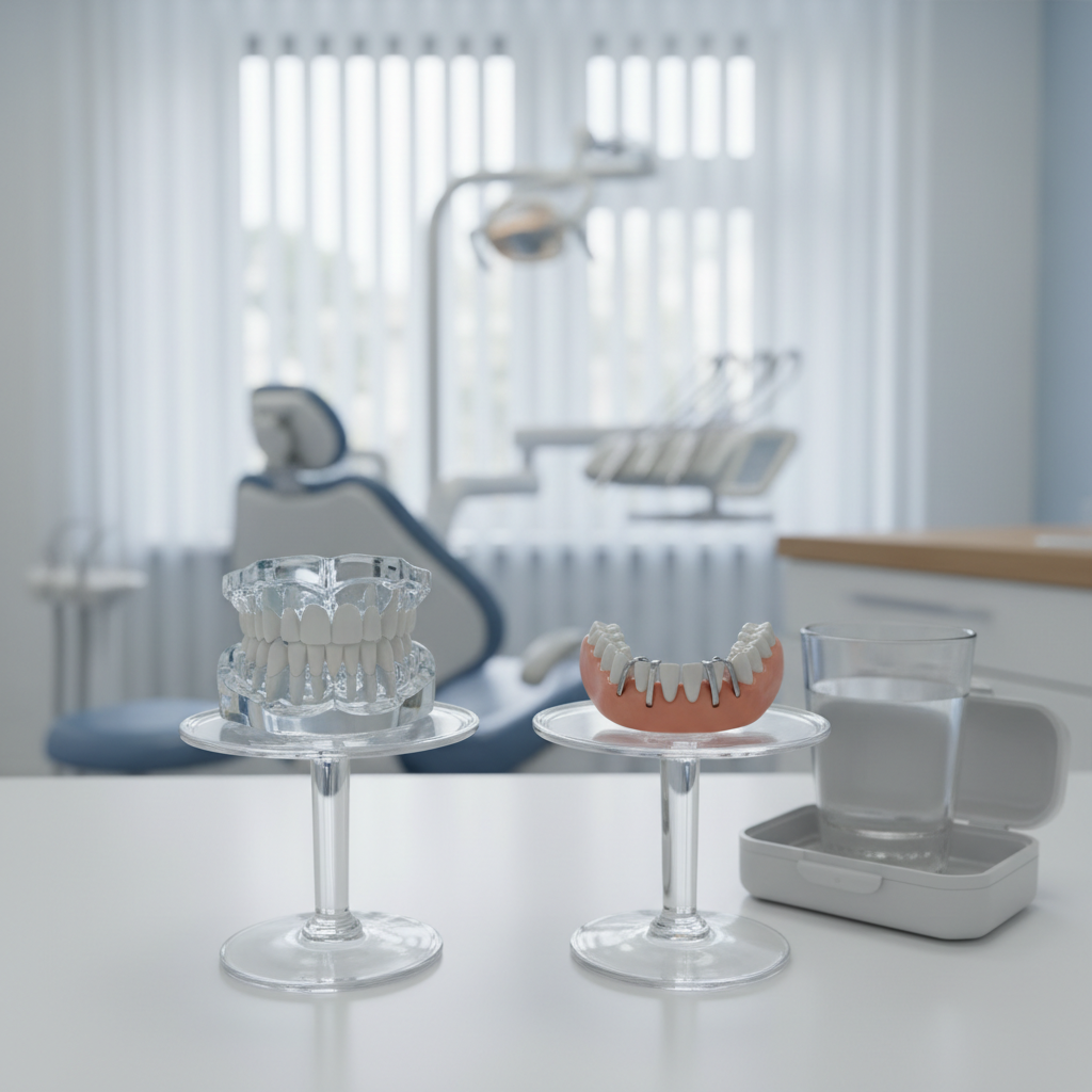 Comparativo entre prótese fixa e prótese removível para restauração dentária sobre a mesa de um consultório.