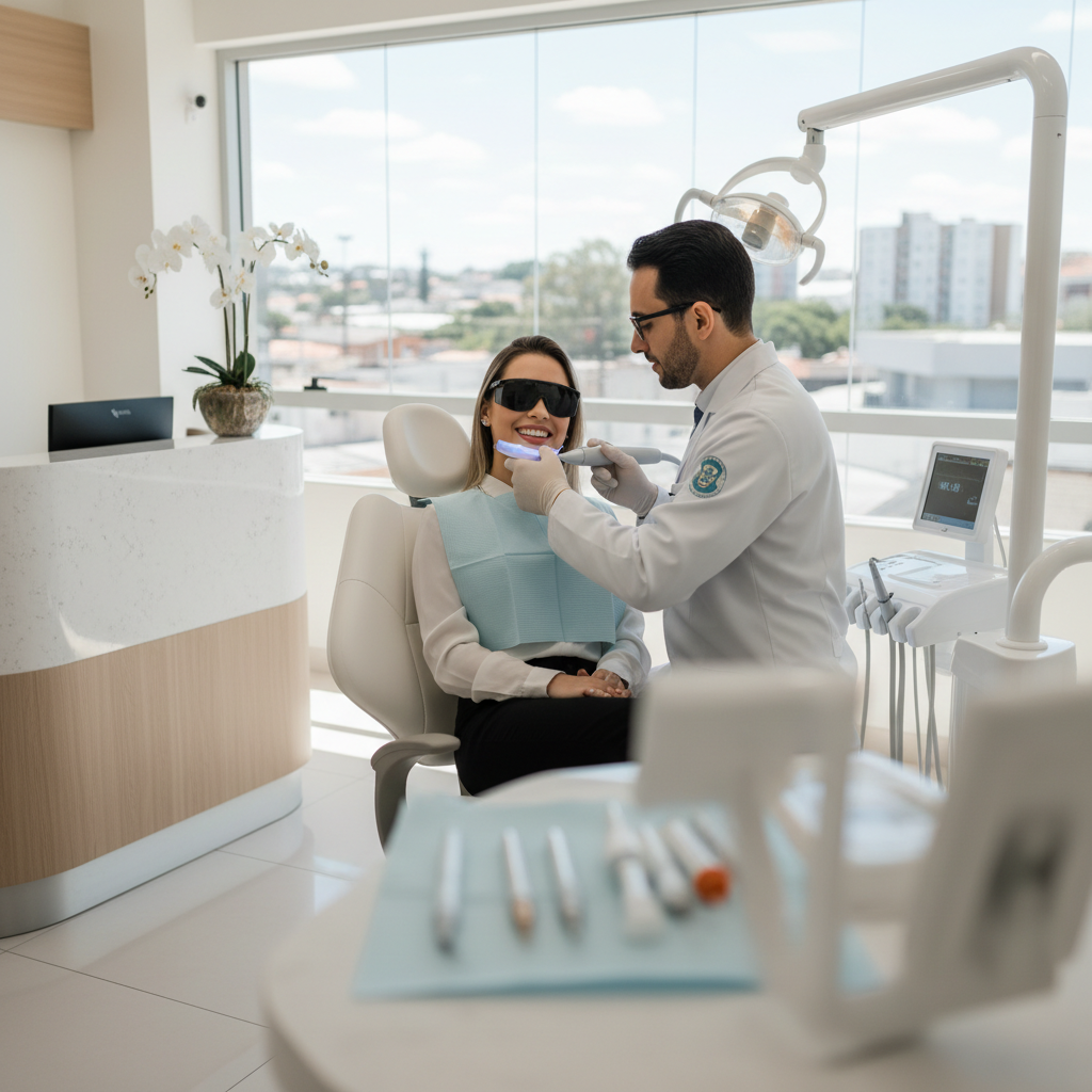 Dentista realizando procedimento de clareamento dental em paciente para demonstrar o preço clareamento dental Cascavel.