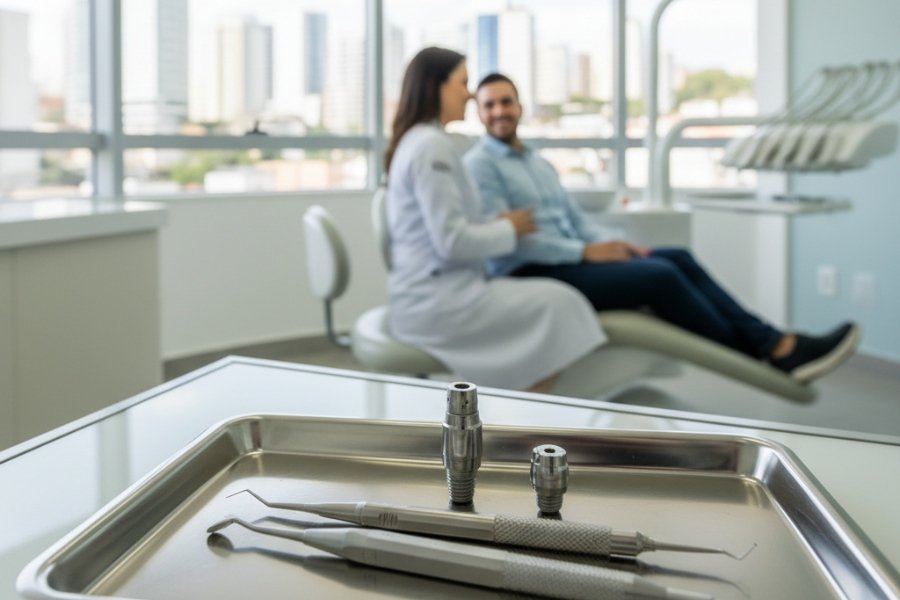 Guia sobre preço implante dentário Cascavel com foto de sorriso saudável e tecnologia odontológica moderna.