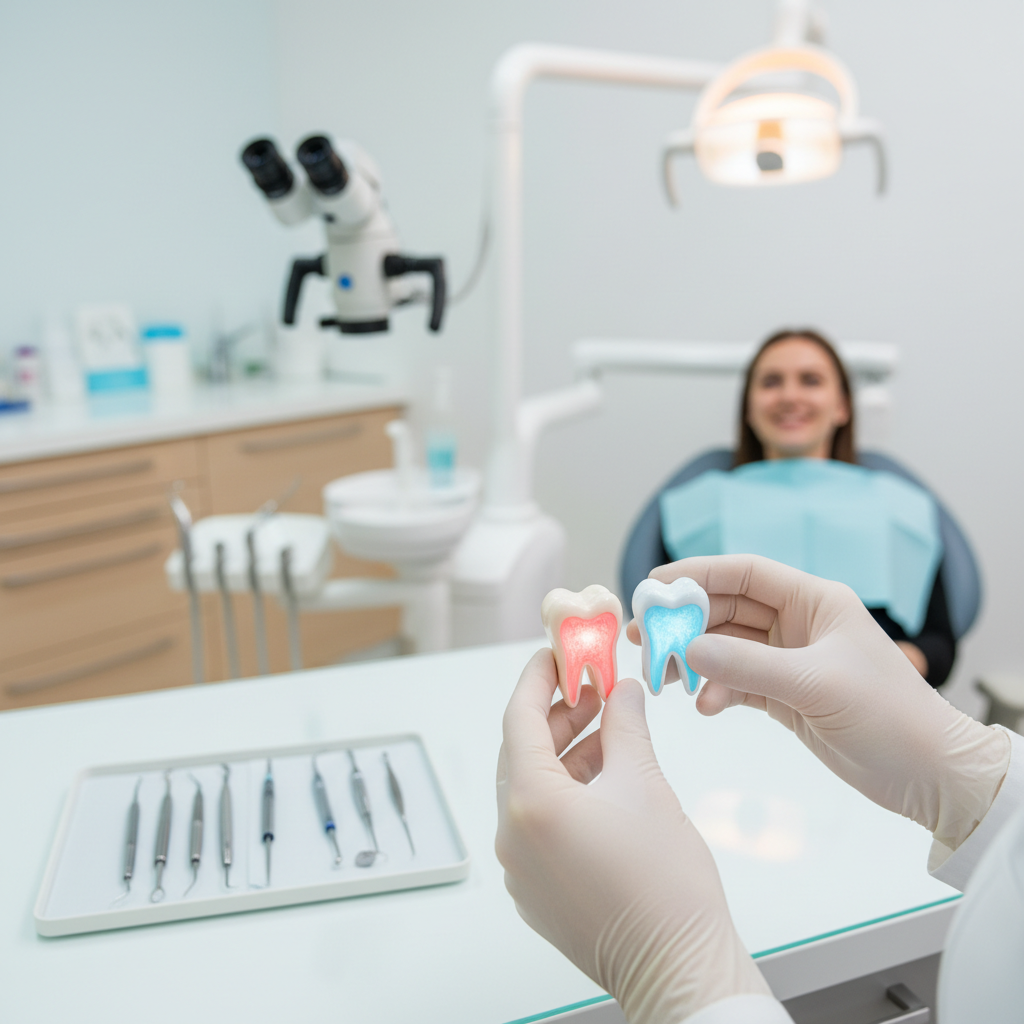 Dentista explicando se tratamento de canal dói durante consulta de endodontia.