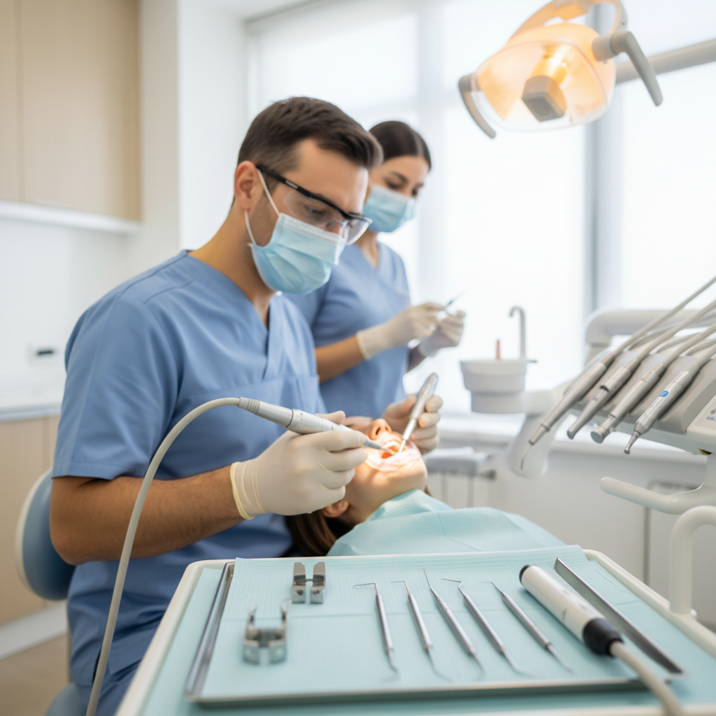 Dentista realizando tratamento de canal em uma sessão em consultório odontológico em Cascavel PR.